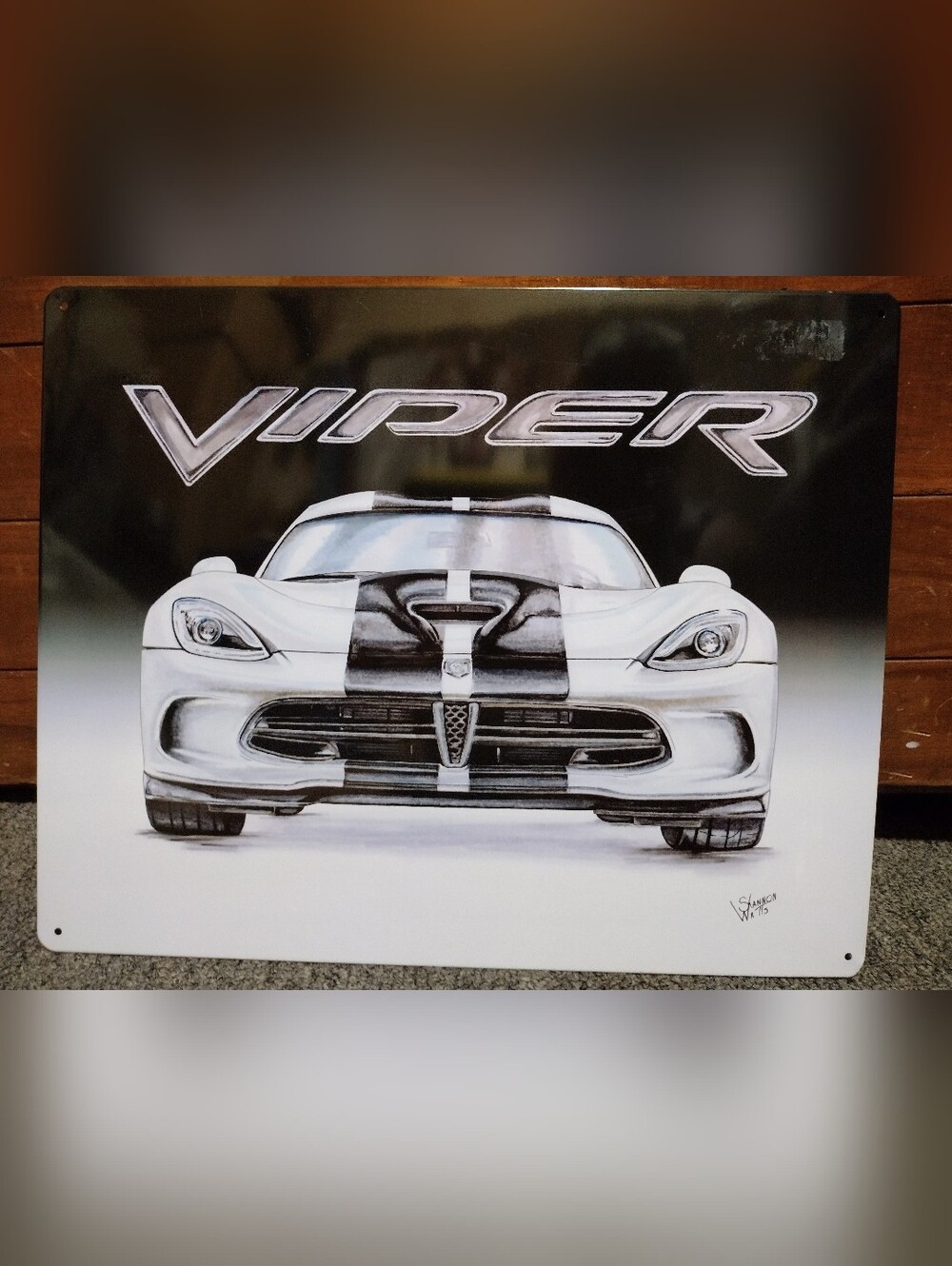 Dodge Viper Metal Sign - White with Black Racing Stripes